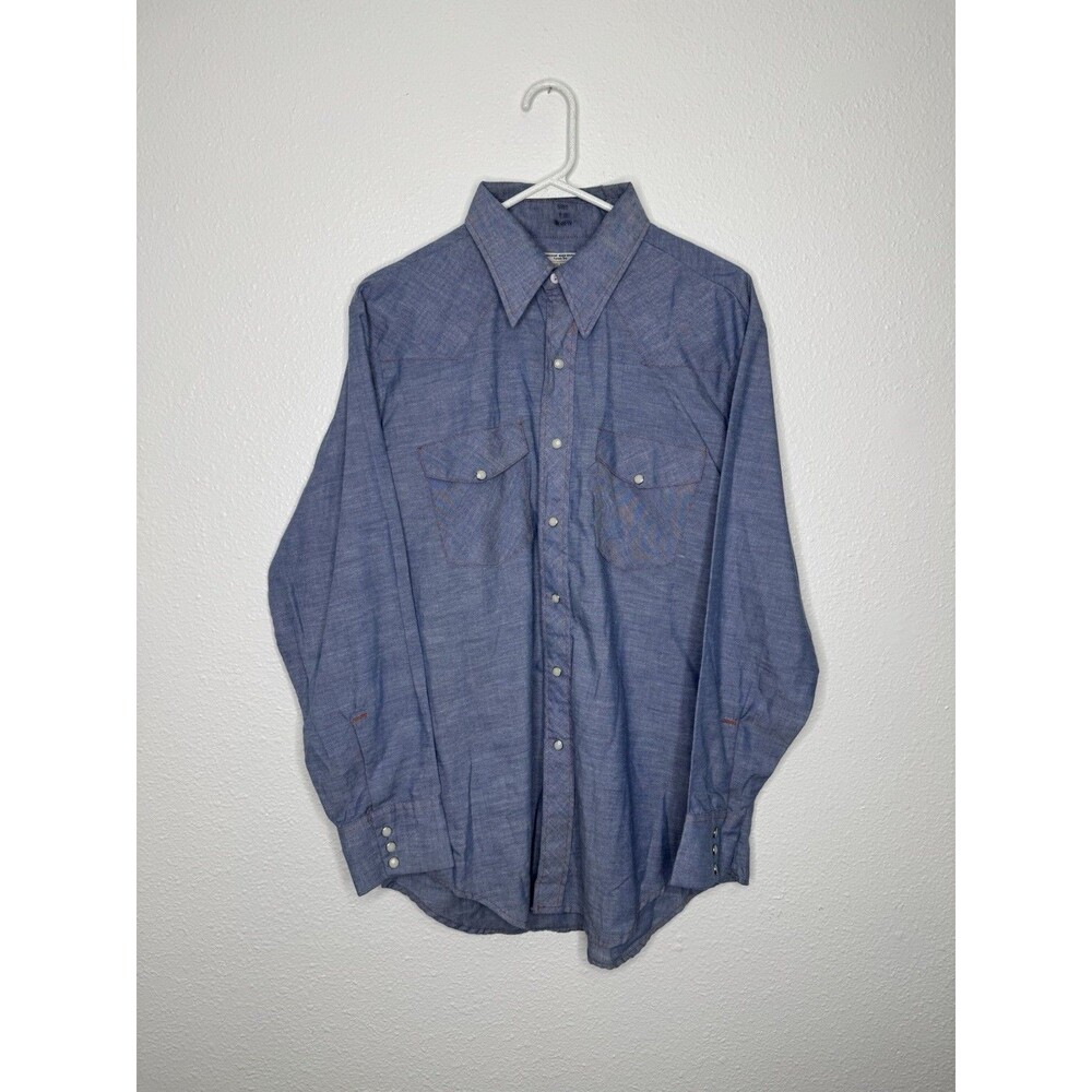 Vintage 70s Big Mac Chambray Work Shirt Mens Large JC Penney Pearl Snap Western